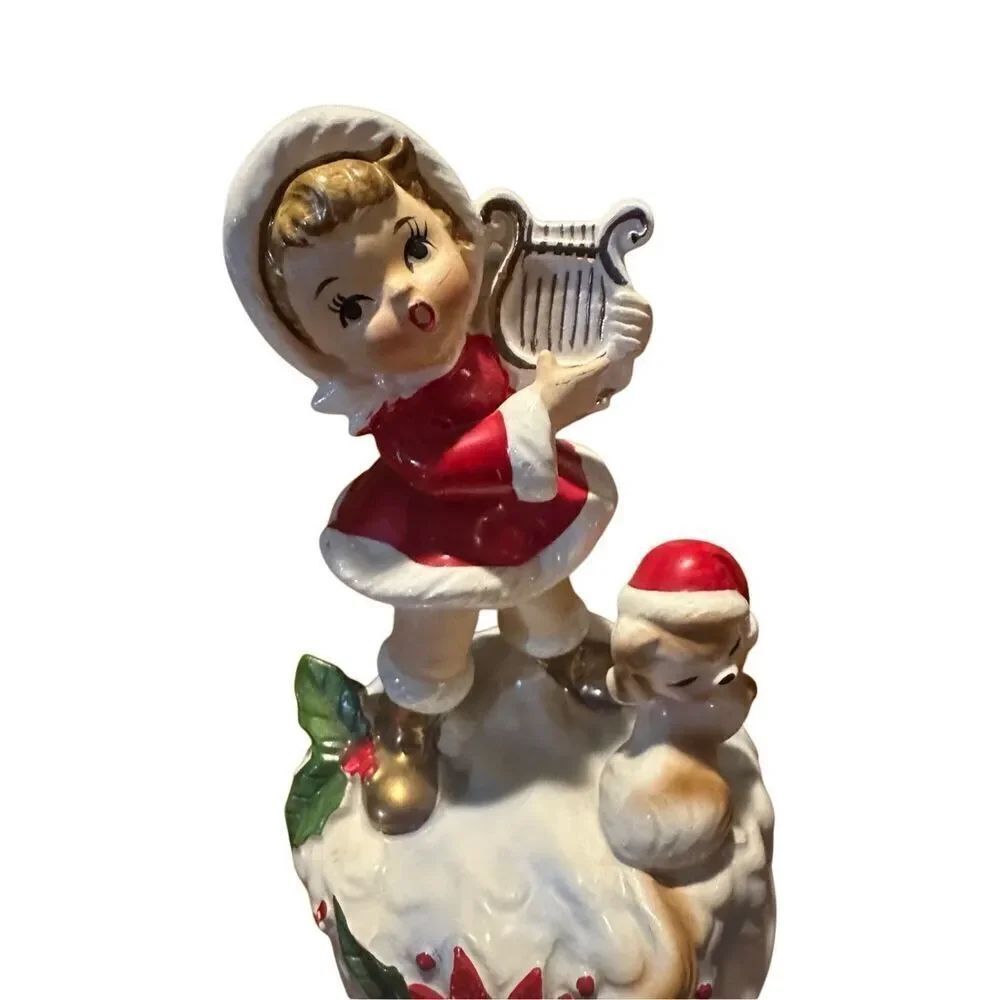 Vintage Lefton Ceramic Christmas Music Box Pixie Girl With Harp & Dog 6.5” Retro